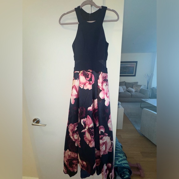Navy blue gown with pink flower print. - Picture 3 of 6